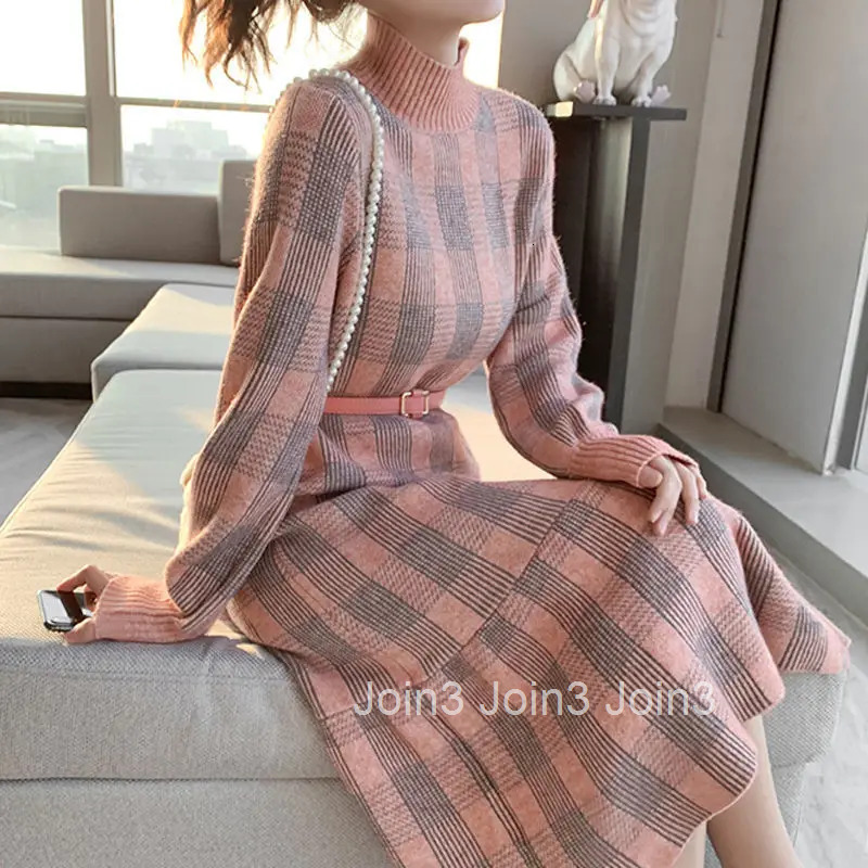 Pink Turtleneck Plaid Knitted Woman Dress Crochet Dresses for Women 2025 Outfits Elegant Party New In Promotion Features Clothes