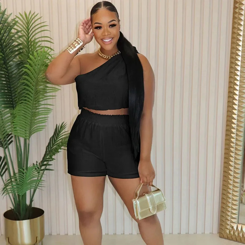 Solid Casual 2 Piece Set Woman Outfit Summer Clothes One Shoulder Draped Crop Top and Shorts Women Matching Sets Ensemble Short 250617