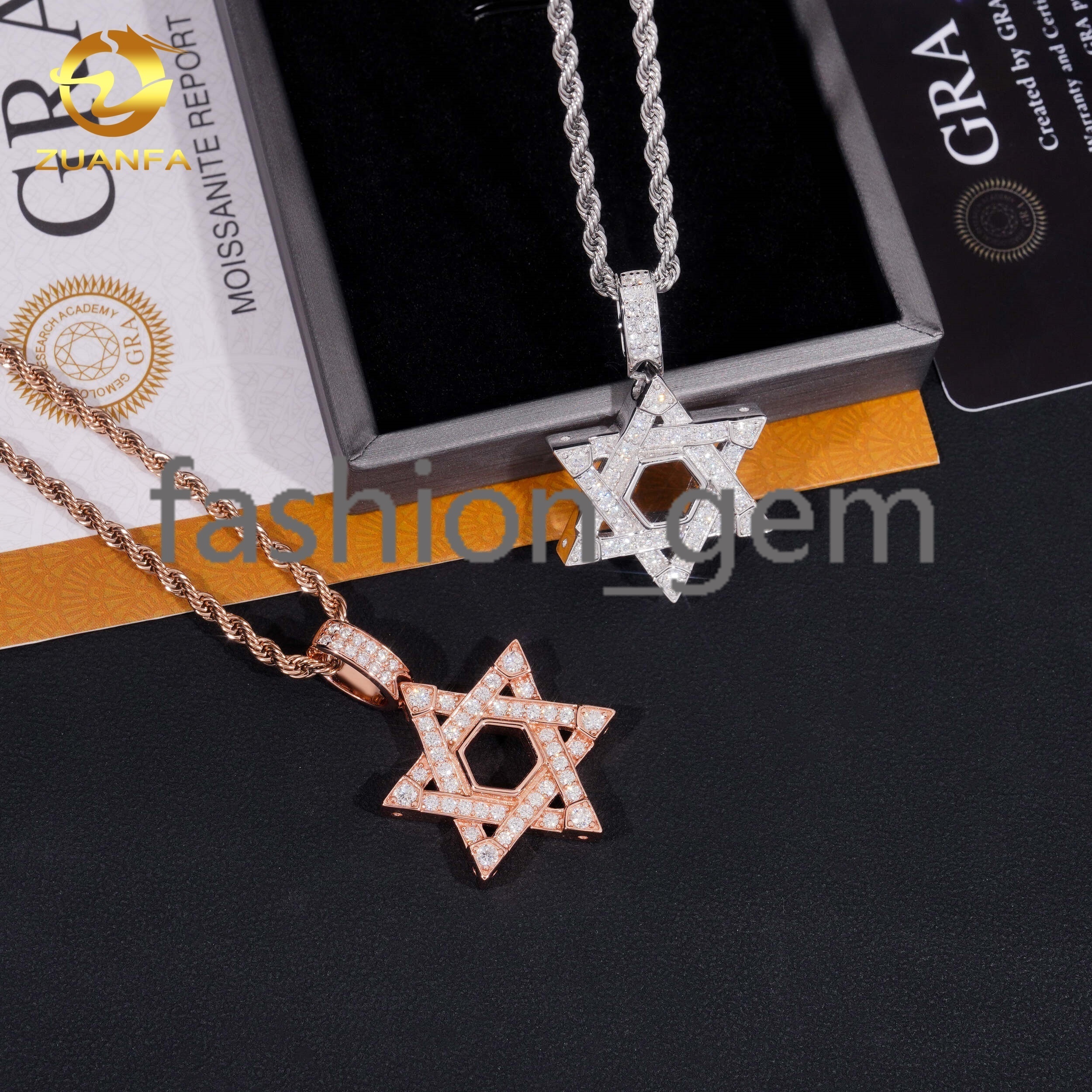 Fast Shipping Iced Out Moissanite Hip Hop Jewelry David Star Pendant Sterling Silver 925 Moissanite Charm Pendant Best Gift