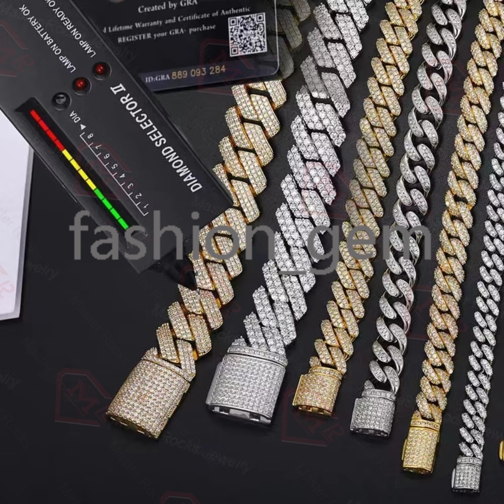 Pass Diamond Test Moissanite Cuban Chain Bracelet Necklace Custom 2 Rows Miami Silver 925 Moissanite Cuban Link Chain