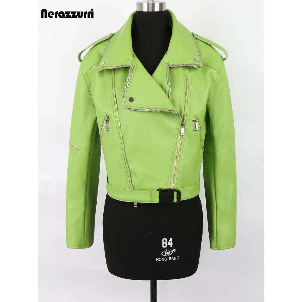 Nerazzurri Spring Autumn Colored Green Black Short Leather Biker Jacket Women Zipper Cool Designer Clothes Fashion 2022