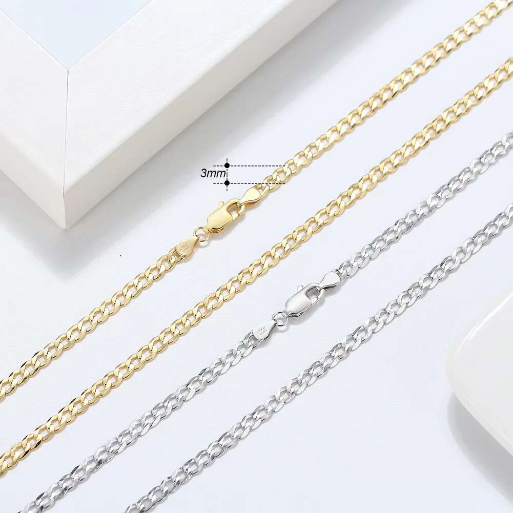 RINNTIN BSC60-3 Solid 925 Sterling Silver 18K Gold Plated Italian 3mm Diamond Cut Cuban Link Curb Chain Necklace for Women Men