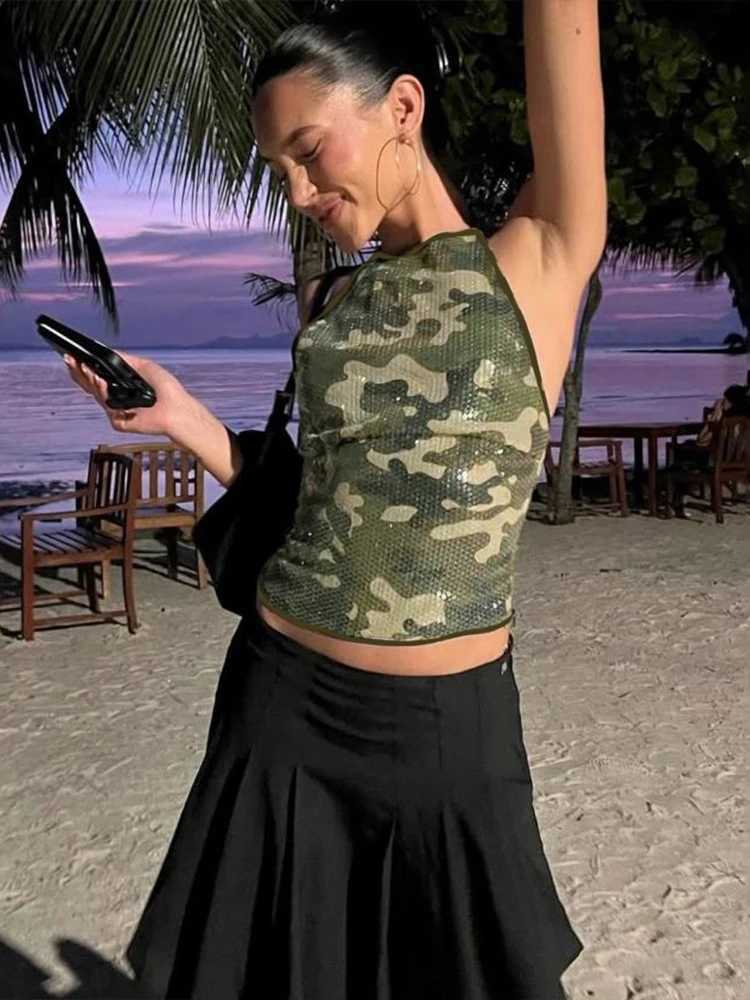 Weird Puss Camouflage Sequins Camisole Women Halter LaceUp Backless Slveless Sexy Strt Midnight Daily Summer Trend Tops C251031