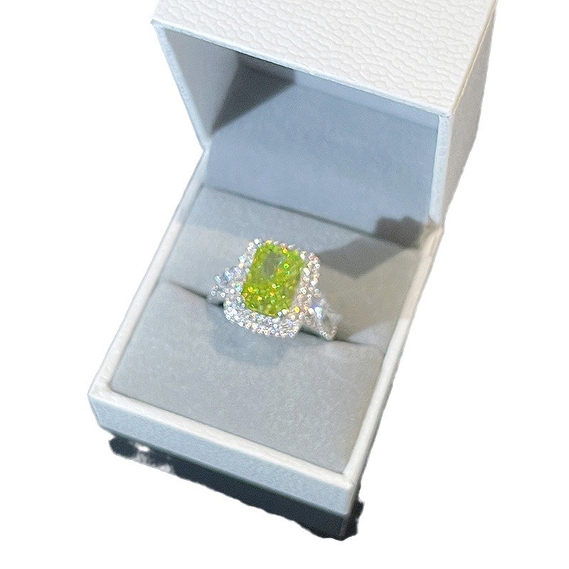 Elegant Olive Colored Gemstone Ring 925 Sterling Silver 8x11mm Brilliant Cut Cubic Zirconia Stones