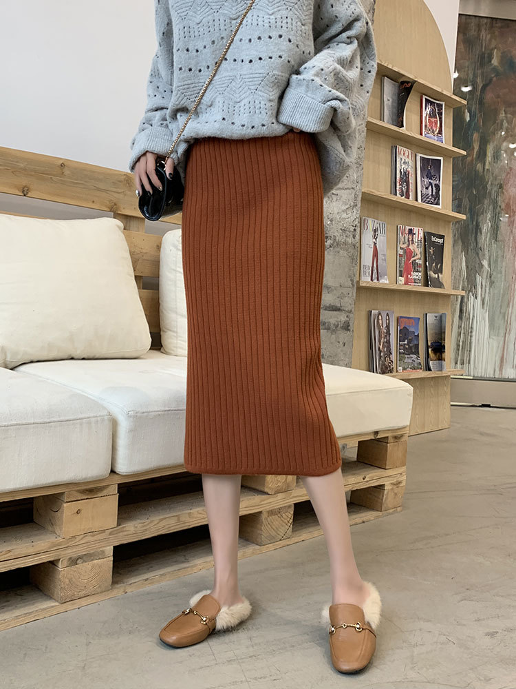 MM299 New mid-length split woolen one-step skirt high waist slimming hip skirt