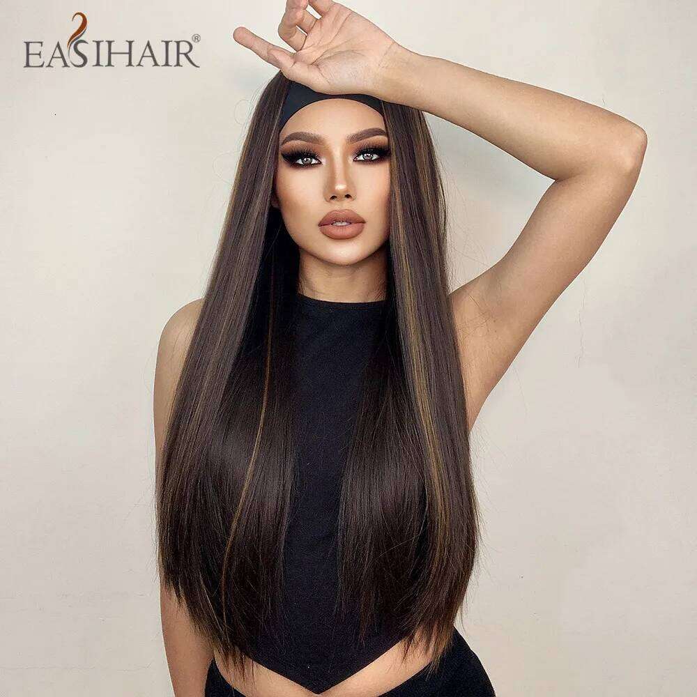 EASIHAIR Synthetic Long Straight Brown Highlight Golden Headband Wigs for Black Women Daily Cosplay Heat Resistant