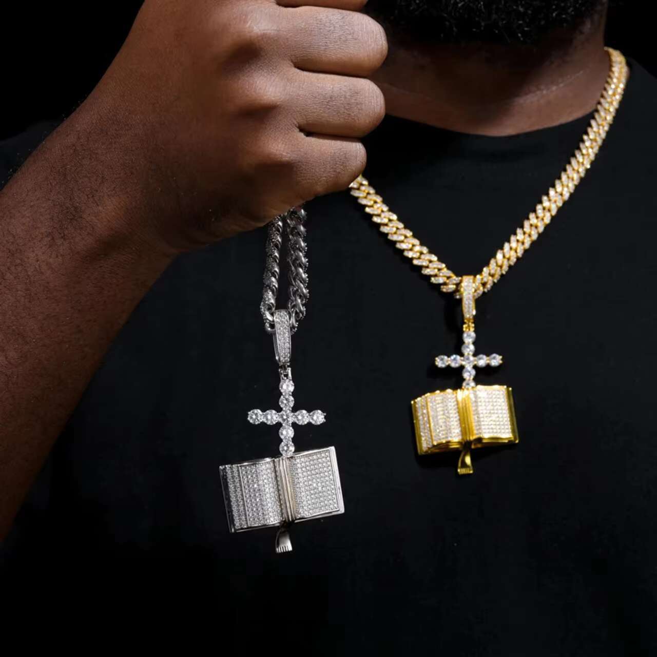 925 Solid Iced Blinged out Moissanite Cross Pendant Necklace Unique Bible Prayer Design in Hip Hop Style