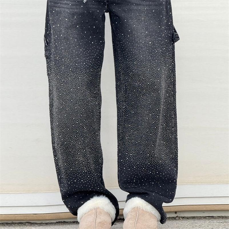 Womens Shining High Waist Denim Jeans Pant With All-Over Rhinestones Straight Leg Pants Trendy Casual Streetwear Trouser 250617