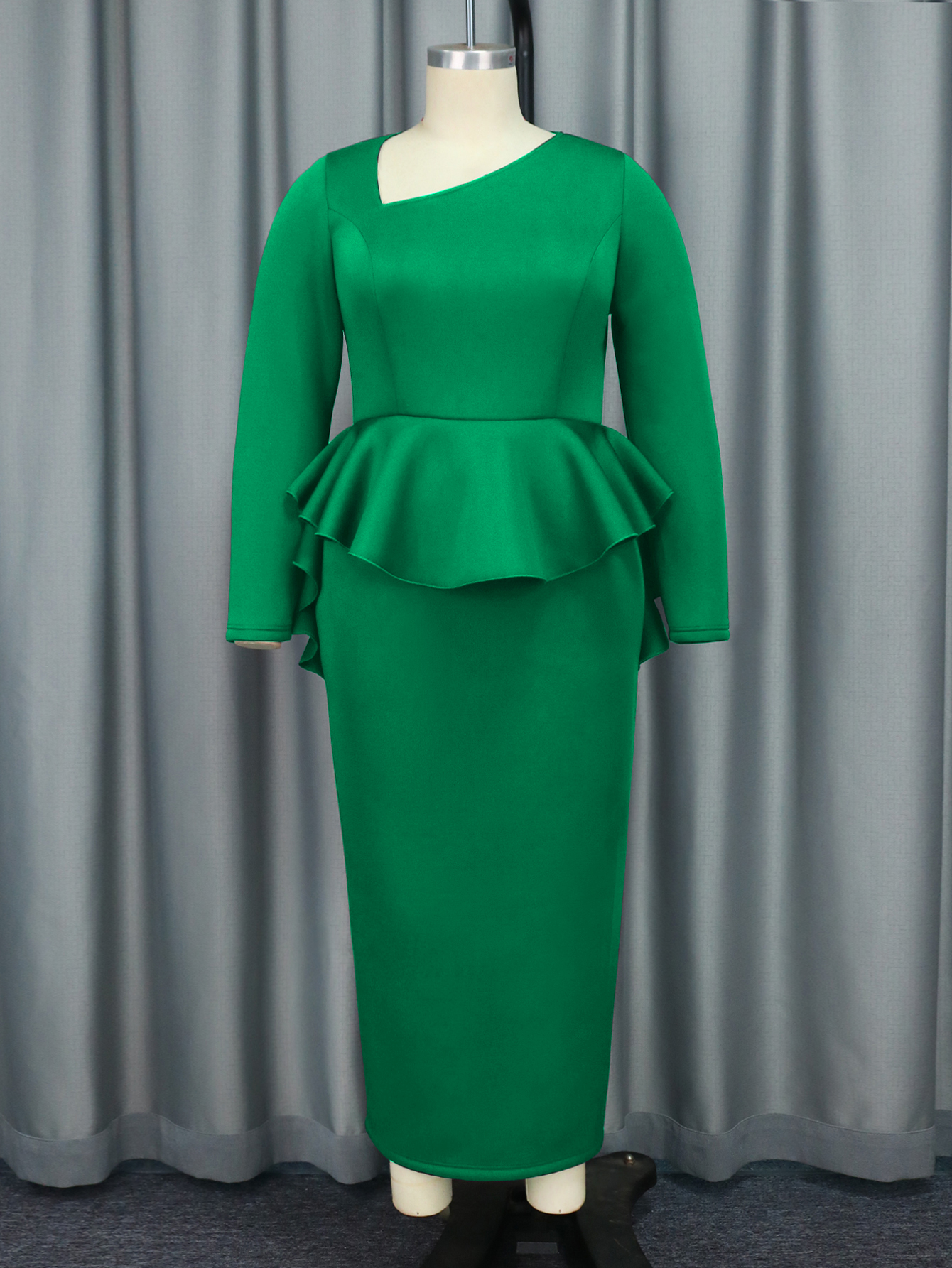 Formal Party Evening Dress For Woman Asymmetrical Neck Long Sleeves Ruffles Peplum Lady Fashion Gowns Plus Size