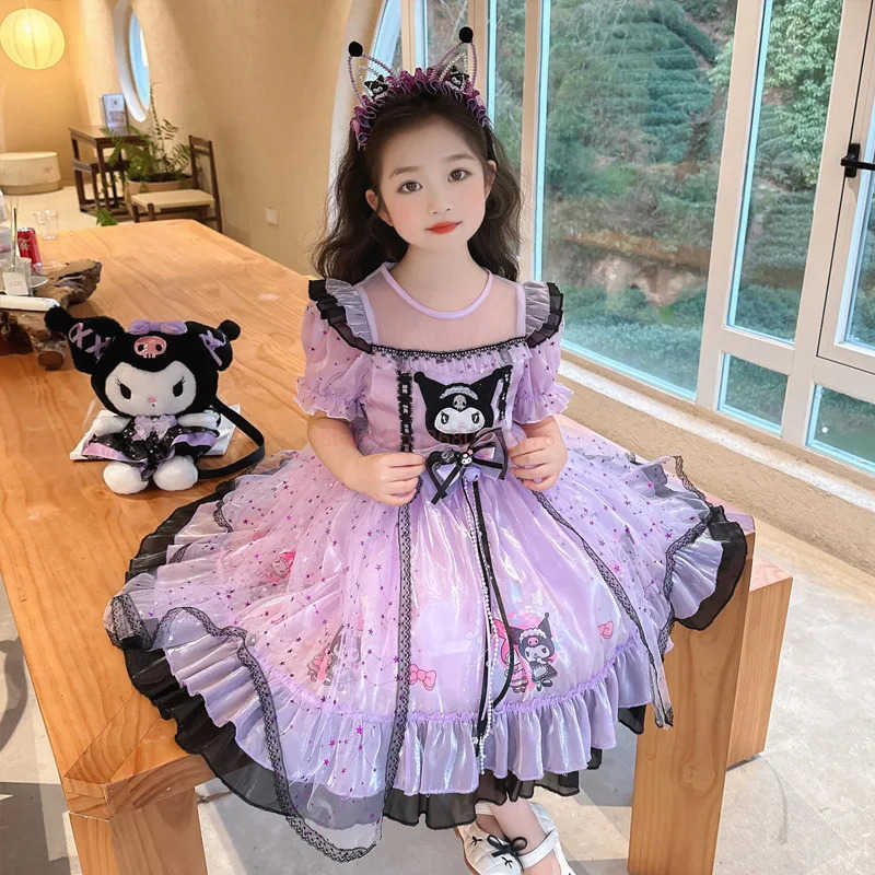 Sanrio 2025 Cosplay Sanrio Kuromi Lolita Princess Dress Summer Bow Puffy Skirt Dress Suit Children Birthday Party Costume Girls GiftsXJ250618