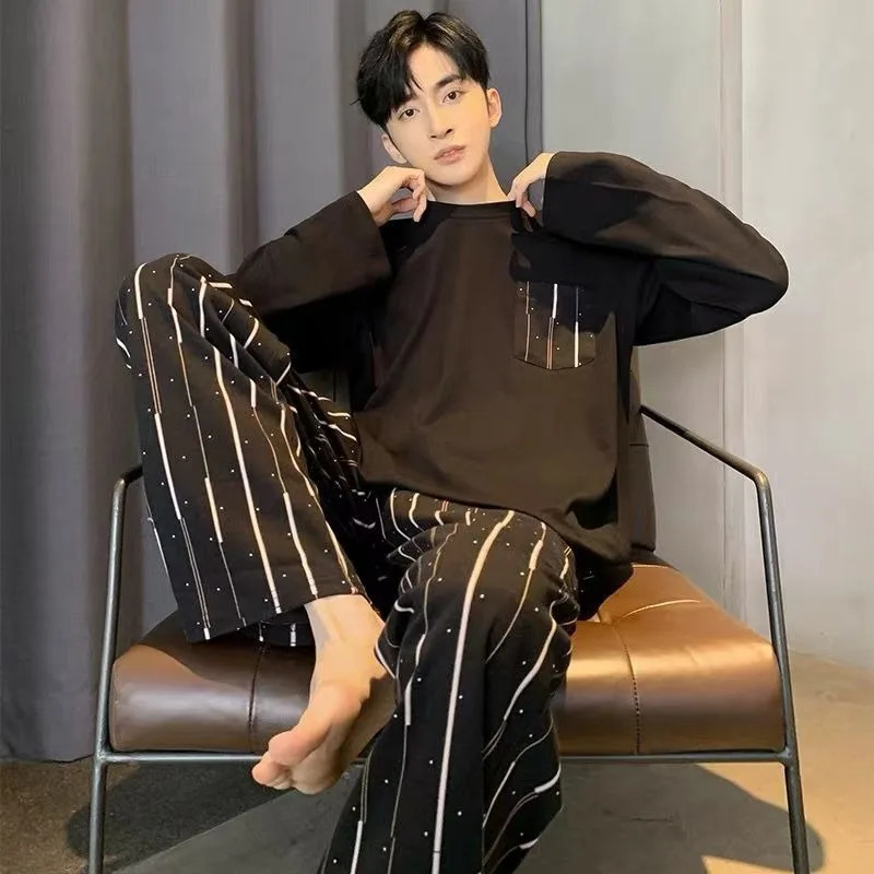 Men Pajama Set Simple Loose Breathable Cotton Pajamas Round Neck Student Loungewear Plaid Striped Trousers Can Be Worn Outside 250618