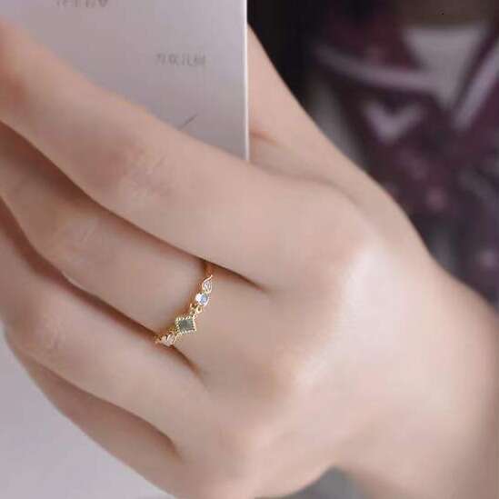 Spring Banquet High Imitation Natural Emerald Zircon Moonstone Fashion Light Luxury Versatile Thin Band Finger Tail Ring