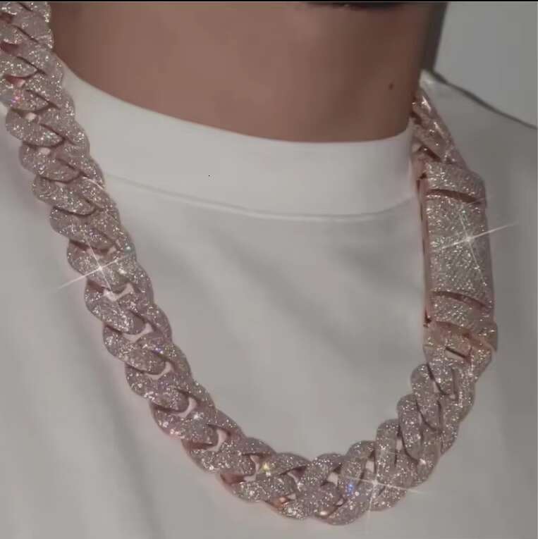 Thick Cuban Link Chain VVS Diamond 925 Silver Pink Rose Gold Plated Iced Out Miami Moissanite Cuban Chain