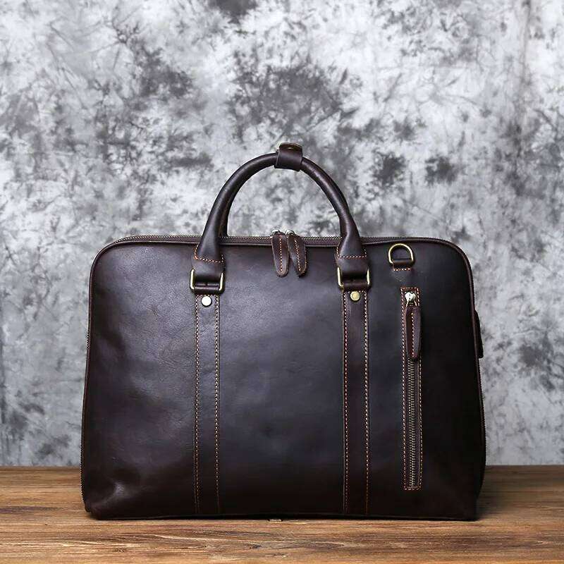 NZPJ Vintage Handmade Leather Handbag Top Layer Cowhide Large-Capacity Business Computer Men's Shoulder Diagonal Bag