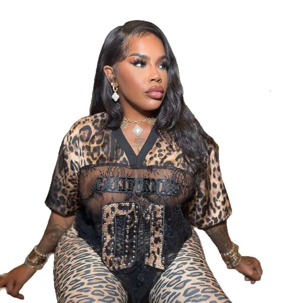 Fashion V-Neck Short Sleeve Lace Leopard Print Patchwork Loose Casual T-Shirt For Women B5