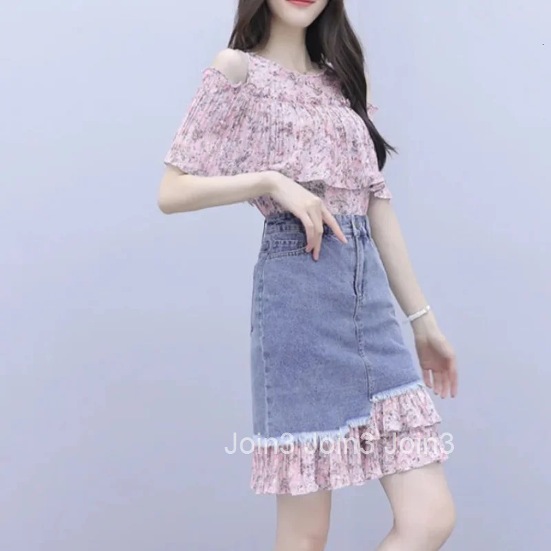 Short Sleeve Skirt Womens Two Piece Set Kawaii Female Outfits Printing Denim Chic and Elegant Jacket Full Summer Fashion 2025