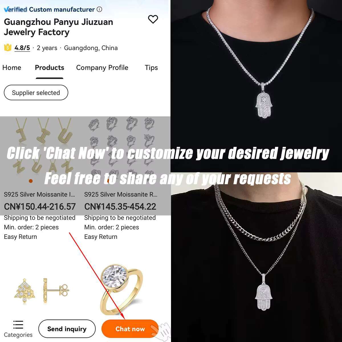 Full Moissanite Hamsa Pendant Necklace 925 Sterling Silver 18K Gold Plated Minimalist Fashion Hip Hop Style GRA Certificate