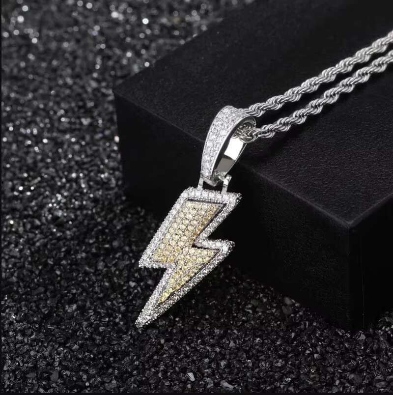 Trendy Mens Full Moissanite Diamond Iced out Lightning Bolt Necklace VVS Jewelry Iced Pendants Charms Hip Hop Style