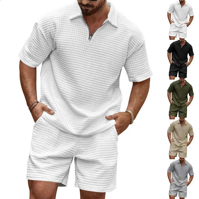 2024 Summer Mens Casual Trend Fashion Comfortable Solid Color Polo Sport Set 250614