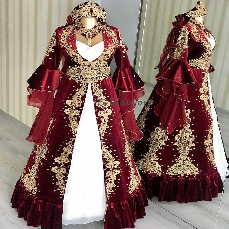 Traditional Red And White Turkey Wedding Dress 2025 Gold Appliques Beaded Moroccan Caftan Bridal Dress Ottoman Islamic Bride Vestio De Novia Middle Ea