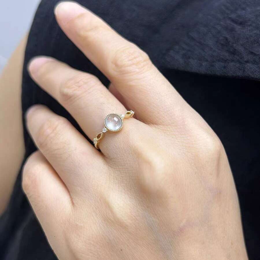 New Trendy Live Streaming Imitation Ice Jade Natural Chalcedony Inlaid with Small Diamond Dewdrop Open for Women Light Luxury Simple Ring