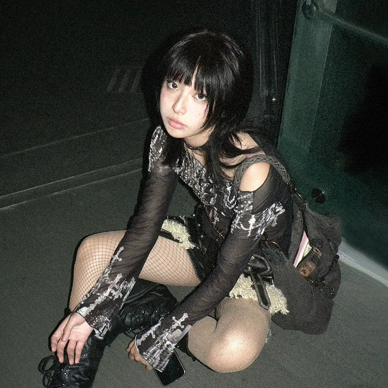 Karrram Grunge Aesthetics Mesh Tops Japanese Y2k Tattoo Print Sheer Tops Vintage Harajuku See Through Long Sleeve T-shirt Gothic 250618