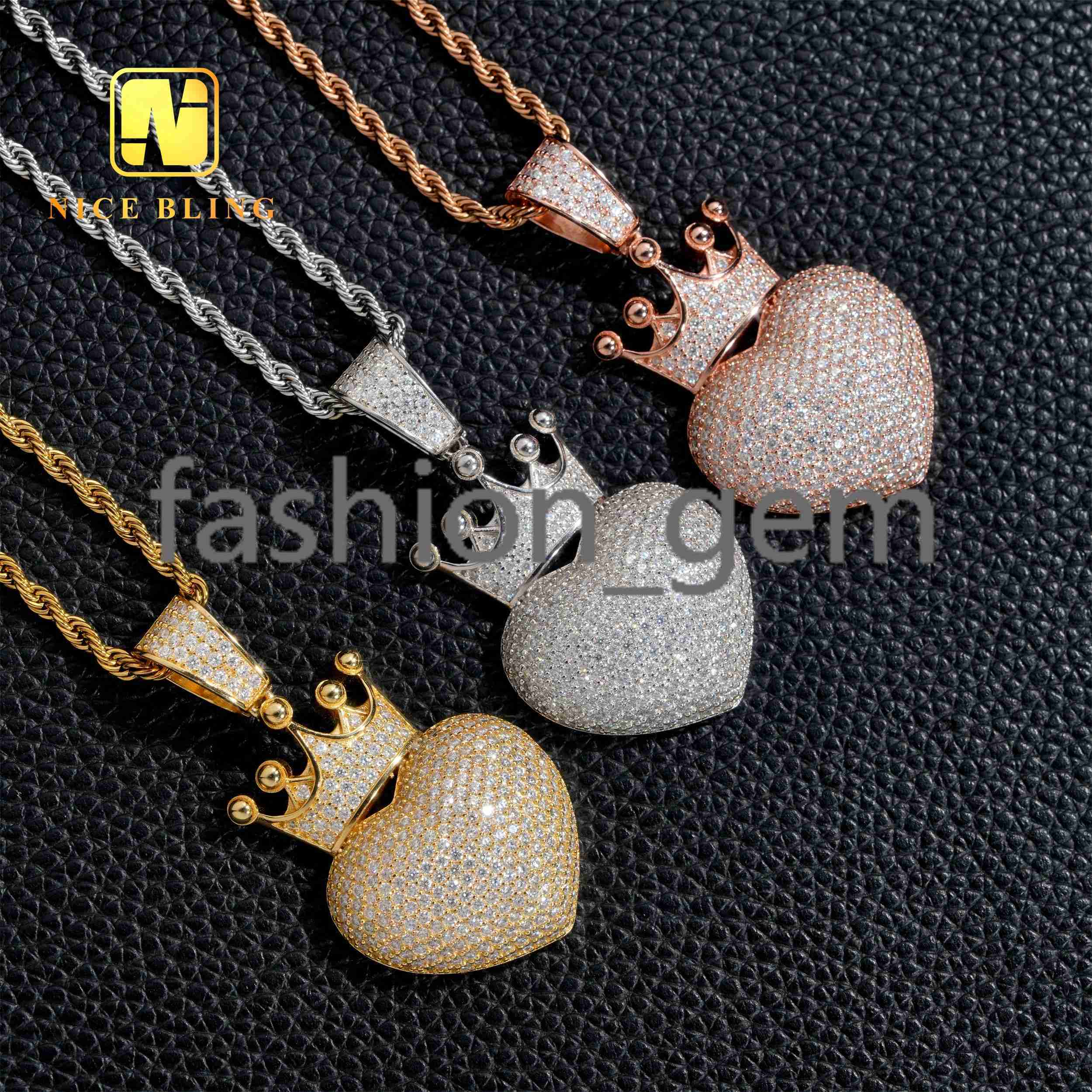 Fine Jewelry Hip Hop Pendants Iced Out Heart Shape Charm Pendant Crown Bale 925 Sterling Silver Moissanite Diamond Pendants
