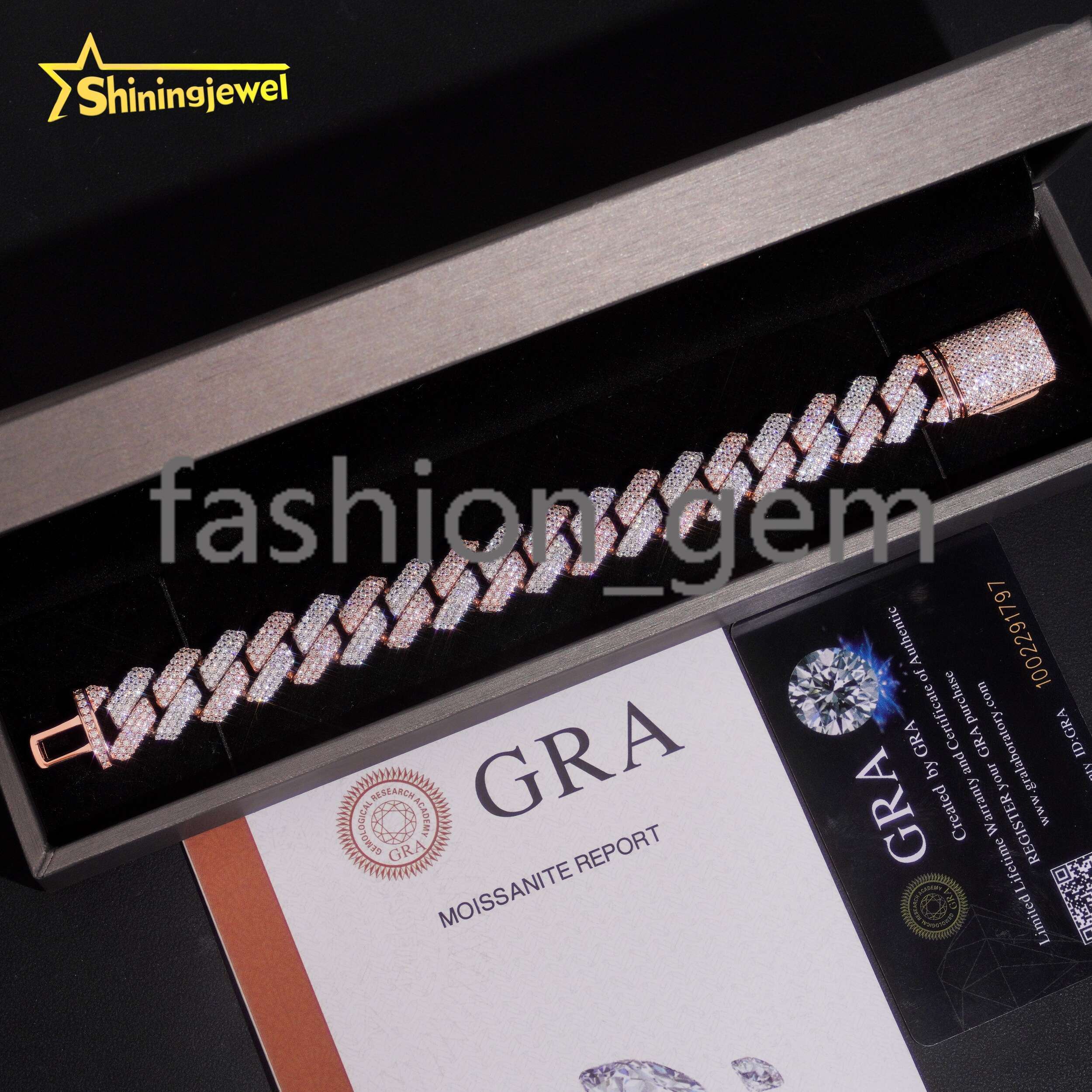 Two Tones Silver Rose Gold 15mm Moissanite Cuban Link Bracelet Hip Hop Moissanite Cuff Bracelet for Unisex Fashion