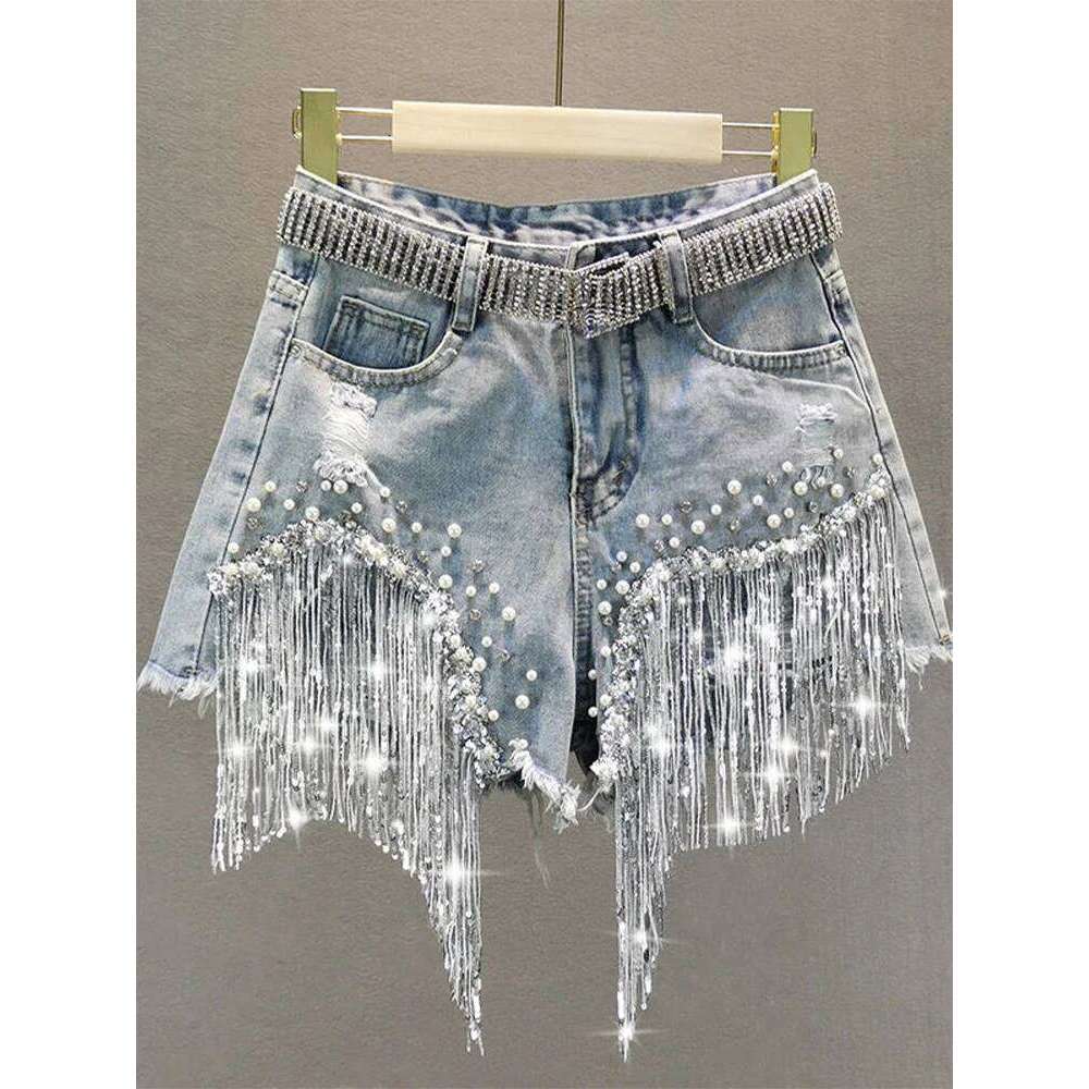 Wear Summer Elegant Lady Tassel Beading High Waist Wide Leg Denim Female Casual Solid Shorts Jeans For Women Clothing