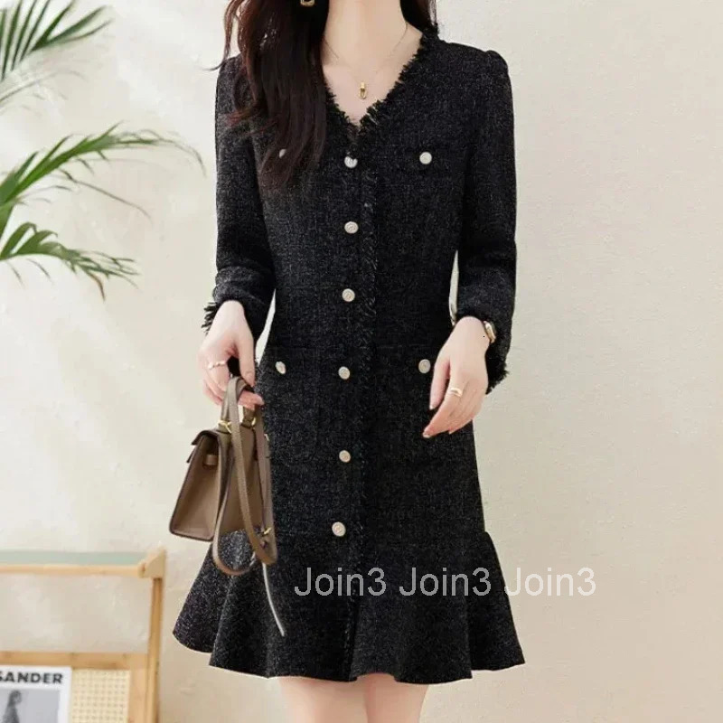 Black Womens Long Sleeve Dresses Spring Autumn Fashion New Female Dress Elegant Party On Promotion Chic One Pieces Korean 2025