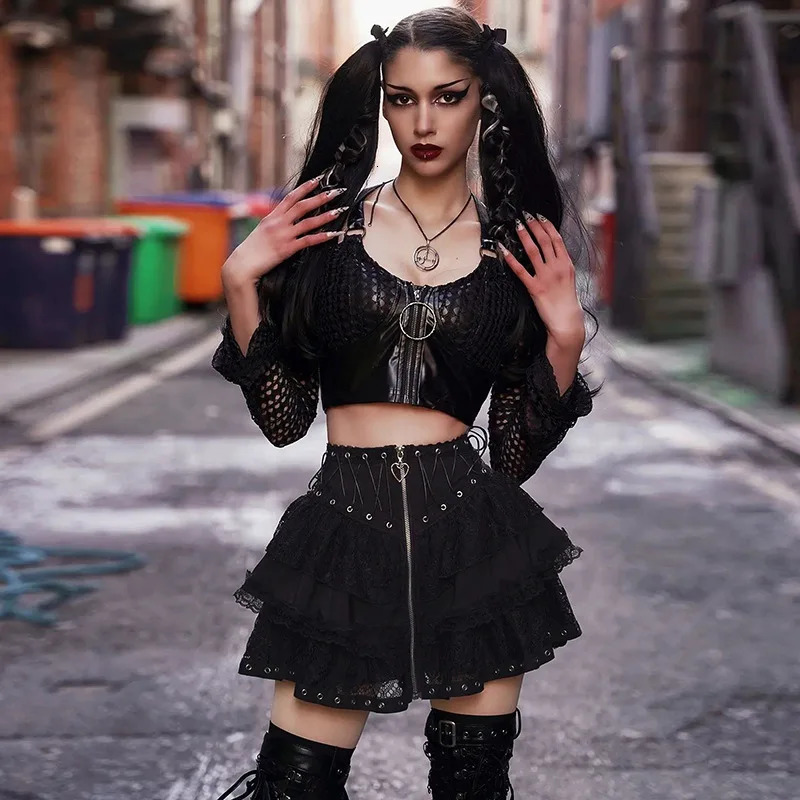Womens Punk Vintage High Waist Skirt Zipper Front Japanese Style Kawaii Black Harajuku Gothic Skater Cosplay Mini Skirts 250617