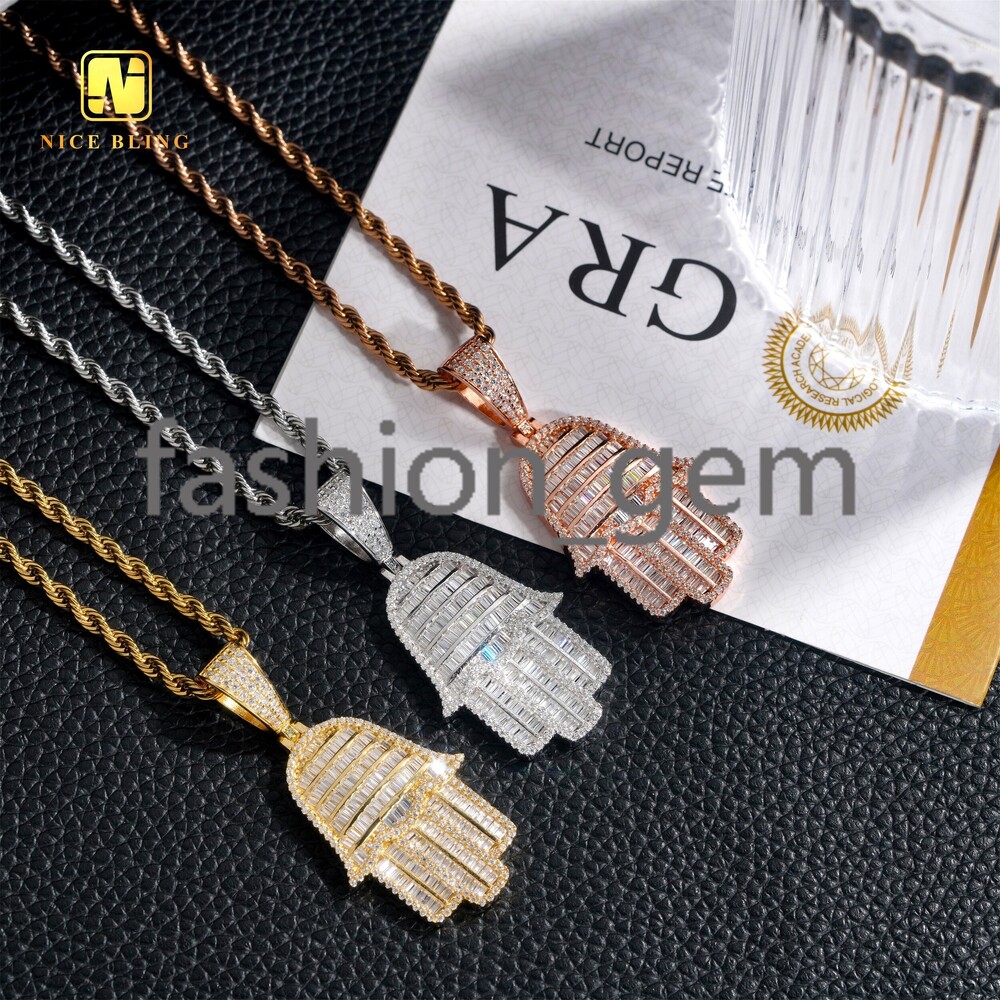 Iced Out Baguette Moissanite Hand Pendants 925 Silver Hip Hop Jewelry VVS Moissanite Diamond Hamsa Hand Pendants