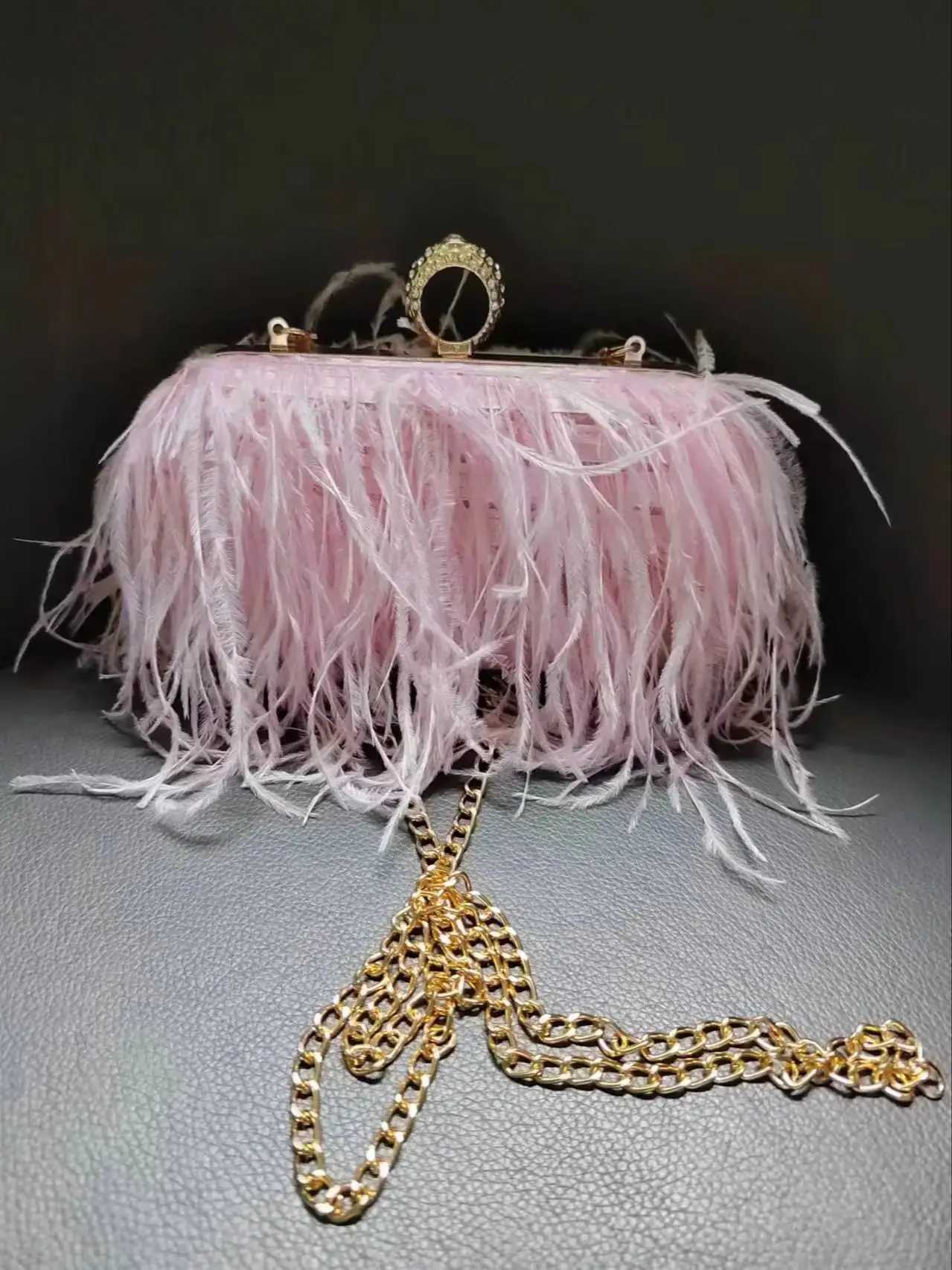 Multicolored Ostrich Feather Purse Clutch Bag Evening Hand Purse With Knuckle Ring Purple/Pink/White/Black Purse Z250618
