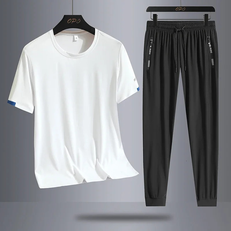Ice Silk Quick Drying Set Sports Two Piece Set Male Trendy Ice Cool Mesh Quick Drying Breathable Short Sleeve T-shirt Long Pants 250617