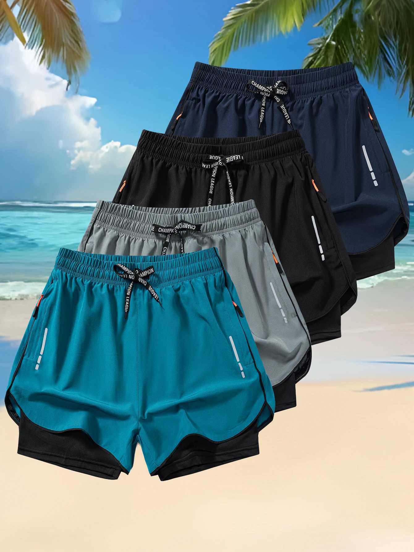 Mens Summer Running Shorts with Zipper Pockets - Breathable Polyester Elastic Waistband Drawstring Split Hem for Gym Training XJ250618