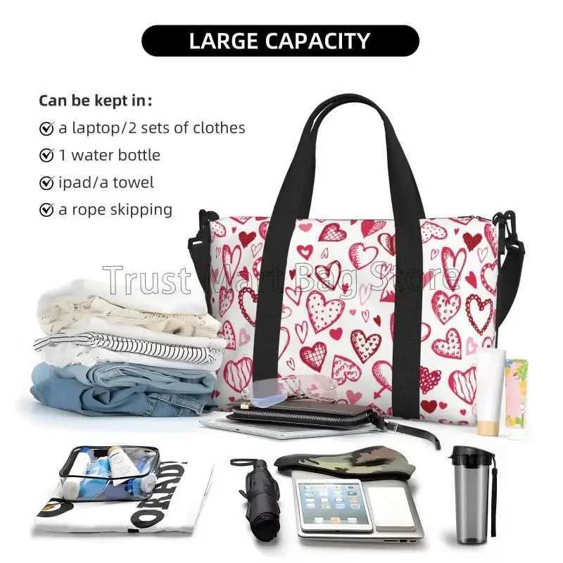 Red Love Hearts Pattern Travel Duffel Bag for Women Workout Weekender Overnight Bags Large Capacity Waterproof Luggage Handbag W250618