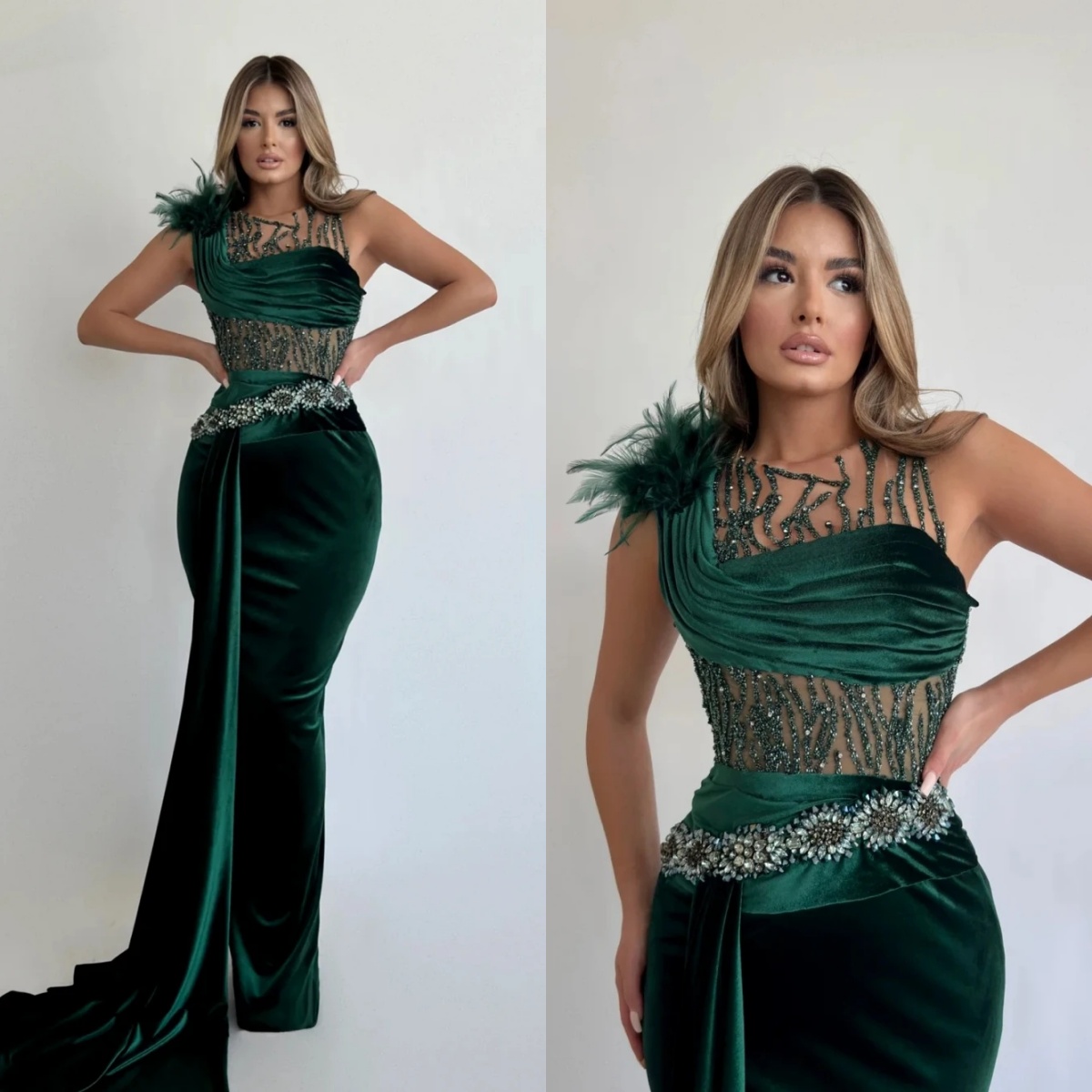 Classic Velvet Evening Dresses Appliques Feather Gown Jewel Neck Sleeveless Sweep Train Dress Party Customized Dress