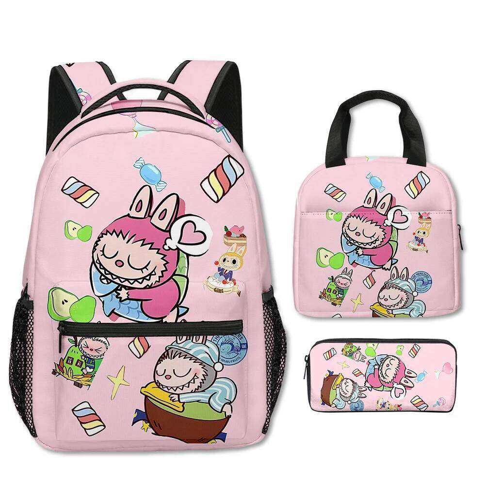 Classic Popular Novelty Labubu 3D Printed 3Pcs/Set Student School Bags Travel Notebook Backpack Portable Lunch Bag Pencil Case