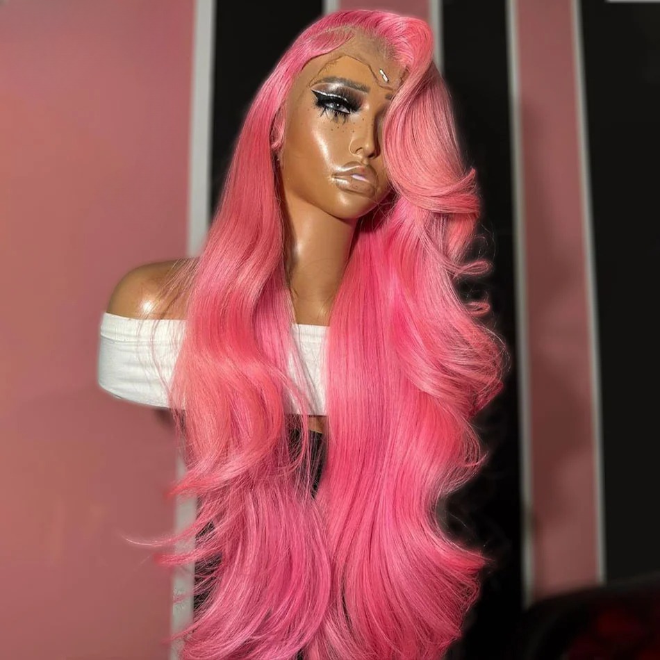 30 36 Inch 13x4 Pink Lace Front Wig Human Hair Body Wave Hd Lace Frontal Wigs for Women Light Pink Colored Wigs Pre Plucked Synthetic