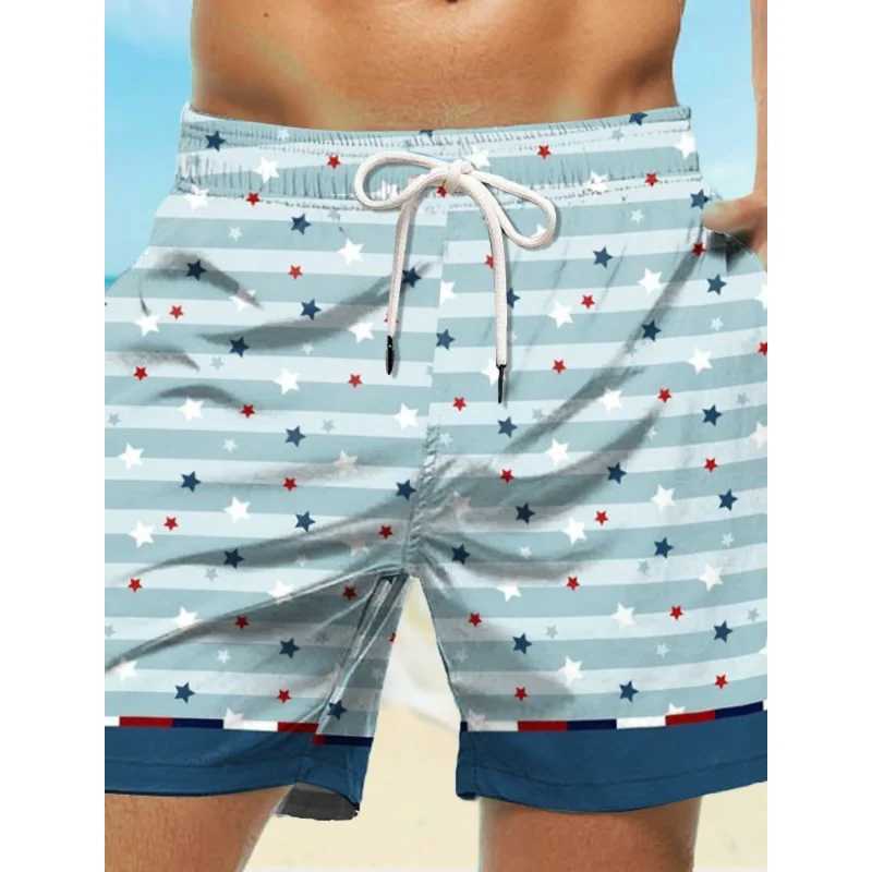 Fun Little Star Graphic Swim Trunk For Men Colorful Stripes 3D Print Short Pants Summer Loose Harajuku Sport Street Board ShortsXJ250618