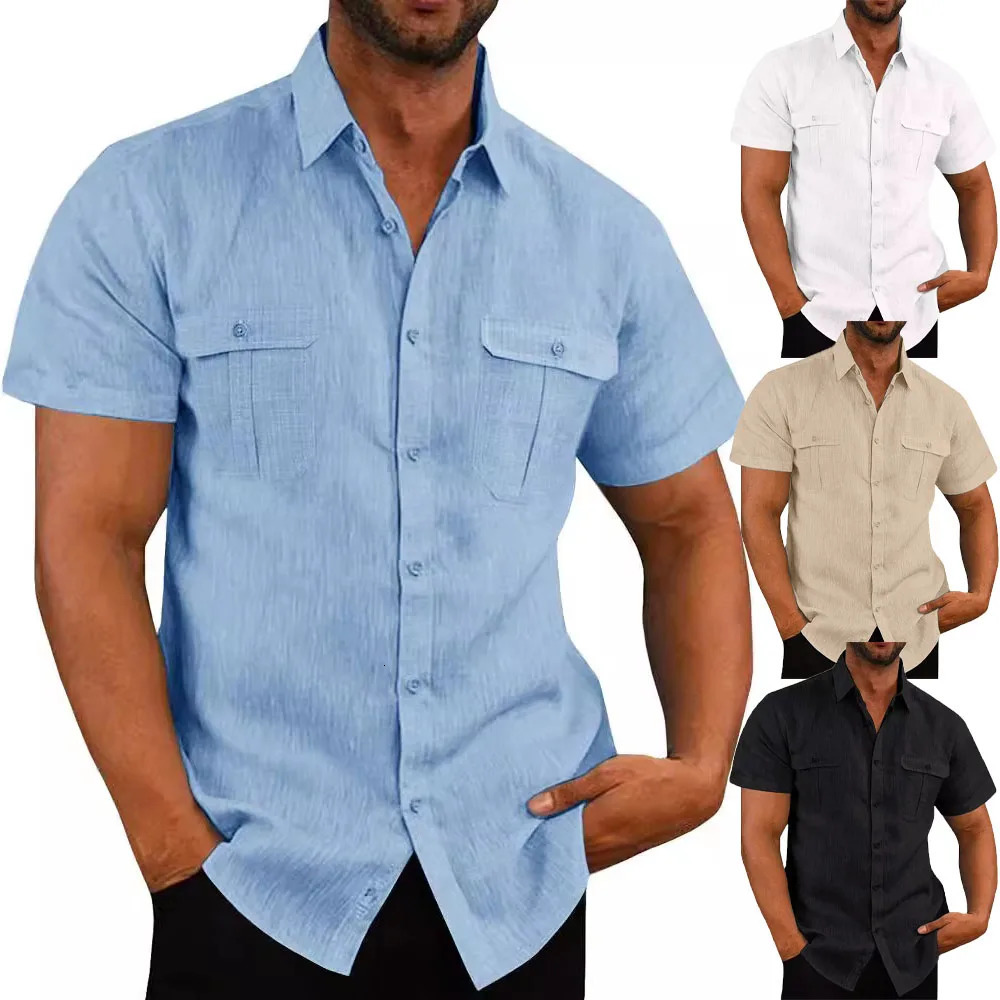 Mens Shirt Double Pocket Cotton Linen Short Sleeve Shirts for Men Casual Holiday Beach Shirt streetwear Solid Color Slim Fit 250616
