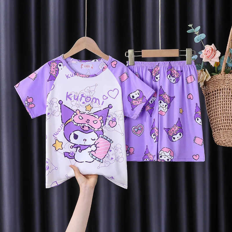 Sanrio Girls Pajamas Summer Short Sleeved Casual Two-piece Set Cartoon Cute Anime Kuromi Cinnamoroll Children Short Sleeved Set XJ250618XJ250618
