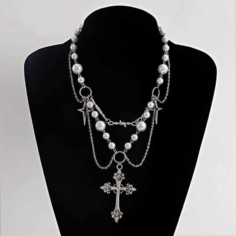 Vintage Gothic Cross Rosary Necklaces Wen Punk Layered Chain Charm Handmade Sacred Pearl Beaded Choker Necklace Girl GiftsC250617