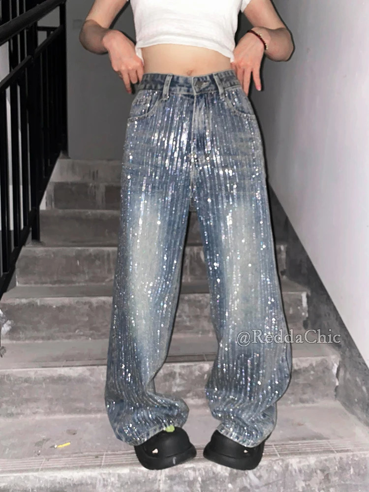 REDDACHiC Sparkly Rhinestone Baggy Jeans Y2k Retro Distressed Straight Wide Leg Casual Pants Concert Night Rave Women Streetwear 250617