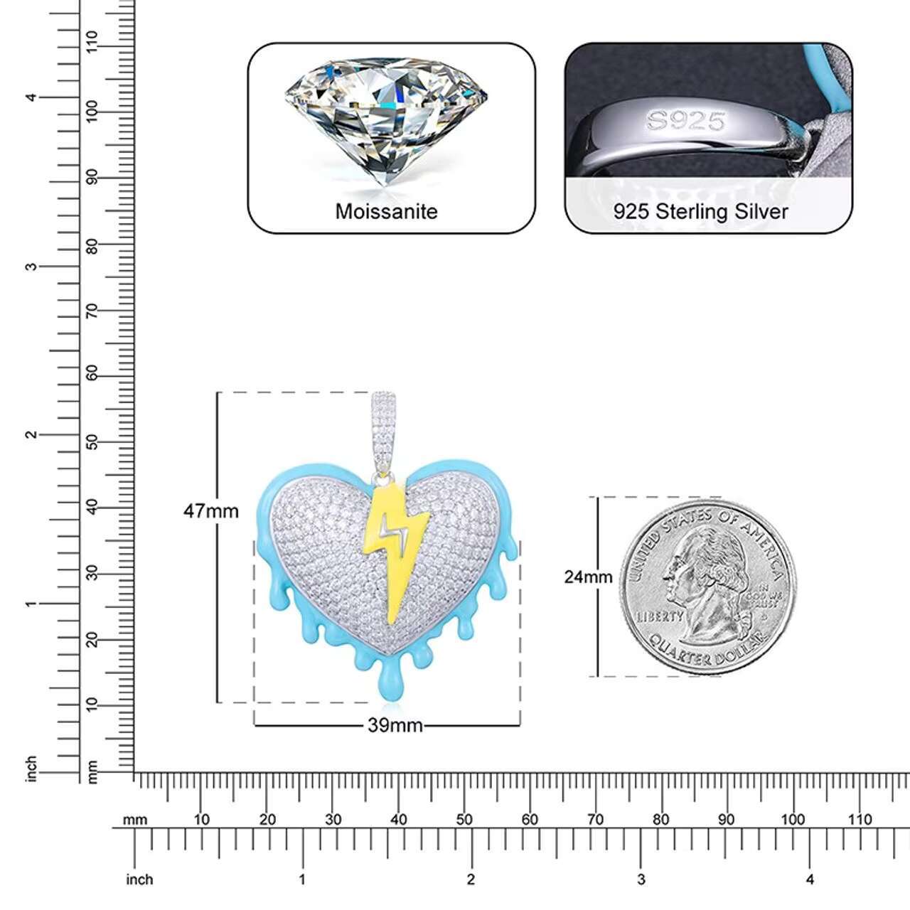 New Trendy VVS Moissanite Diamond Pendant Necklace in 925 Silver Glowing Dark Heart Hip Hop Style Fashionable Pendants Charms