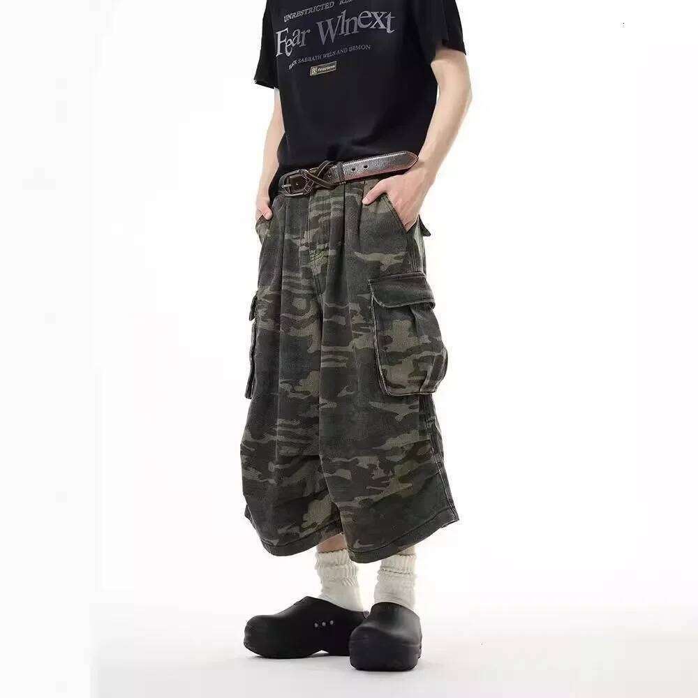 Wear Vintage Camouflage Work Jeans Men's Loose Fit Summer Trendy Straight Wide Leg Seven Point Pants Casual Streetwear