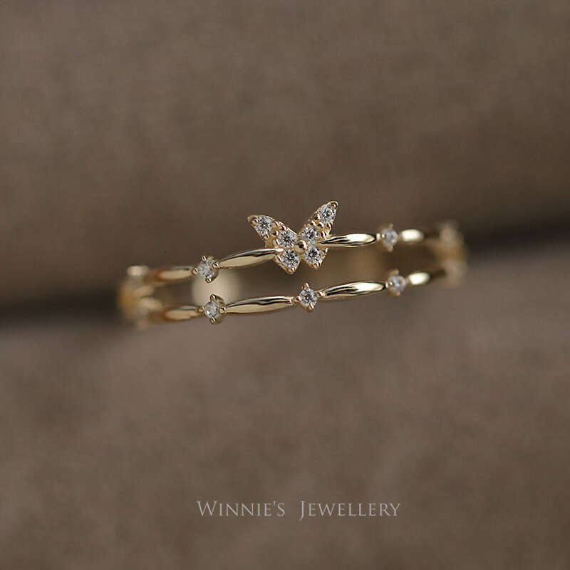 Butterfly Double Layer for Women, Minimalist Style, Light Luxury Sparkling Diamond Ring, Simple Fashion Versatile Niche Design Open Ring