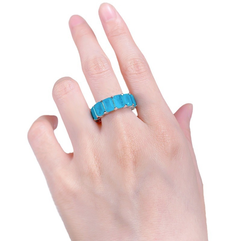 Elegant Rectangular Paraiba-Inspired 925 Sterling Silver Band Featuring a Line of Sparkling Diamonds
