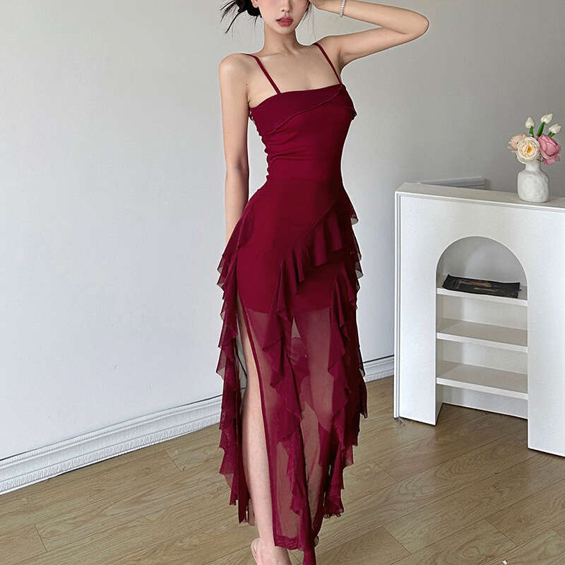 Summer New Women's Solid Color Slim Fit High Waist Fashion Off-Shoulder Strap Dress B5