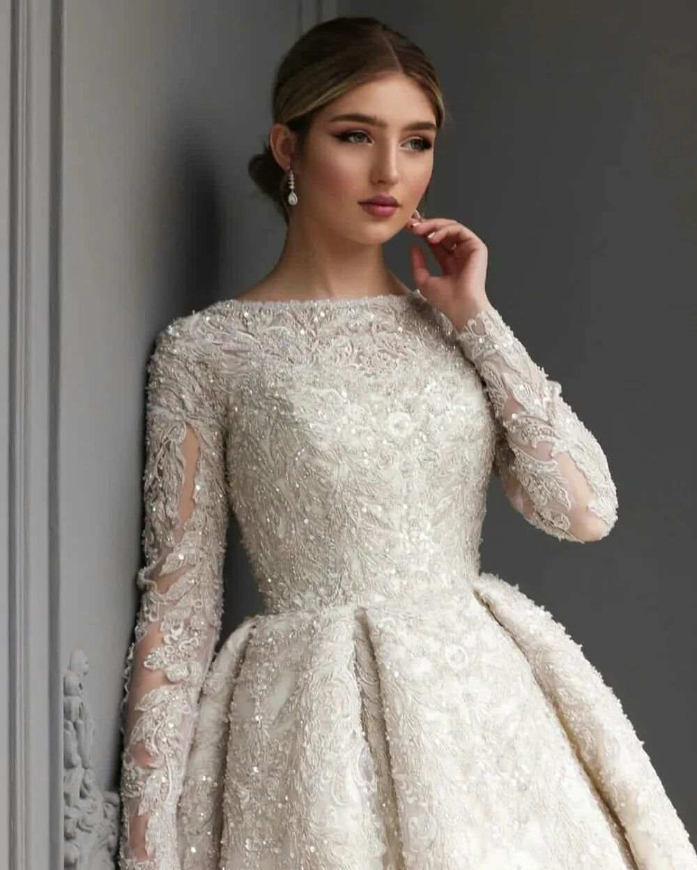 Arabic Aso Ebi Wedding Dress vestidos de novia Lace Appliques Long Sleeve Sequined Bridal Gowns Vintage mariage Gown Vestidos De Novia